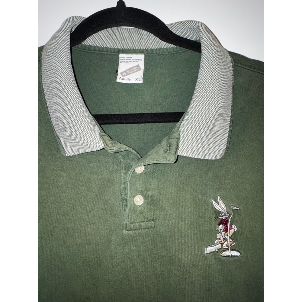 Vintage Warner Bros Studio Store Bugs Bunny Golf Polo Shirt Mens XL Olive Green